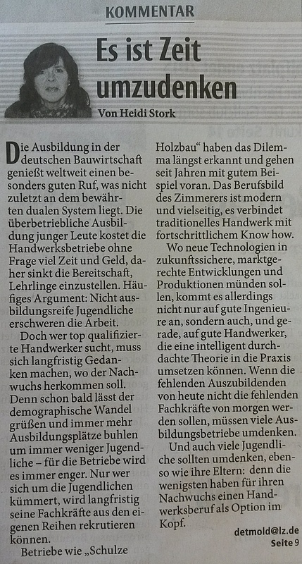 Artikel in der Lippischen Landeszeitung am 2. April 2014 - "Man kann sagen, dass wir etwa zehn junge Leute ausbilden müssen, damit einer bleibt" (Ralf Schulze)