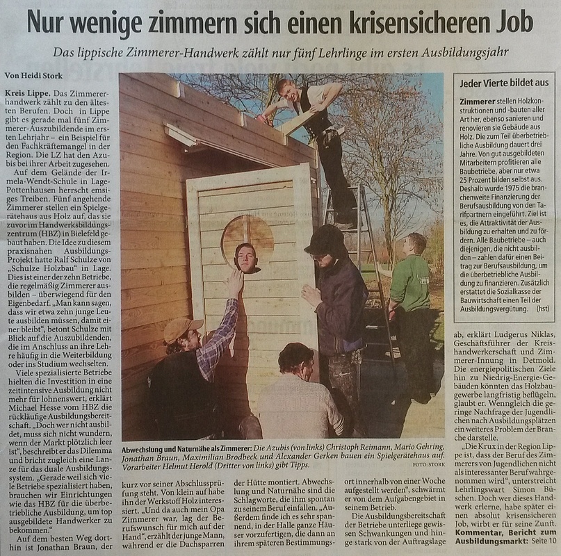 Artikel in der Lippischen Landeszeitung am 2. April 2014 - "Man kann sagen, dass wir etwa zehn junge Leute ausbilden müssen, damit einer bleibt" (Ralf Schulze)